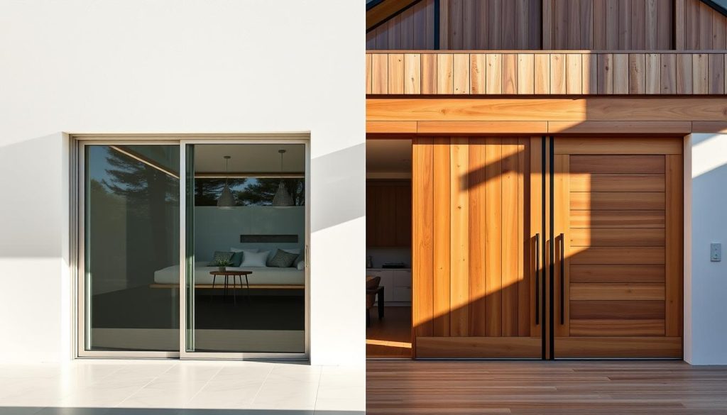 Aluminium and wooden sliding doors exposed to Australian coastal climate conditions showing weathering effects