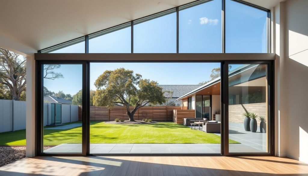 Aluminium sliding doors opening to a spacious Australian backyard