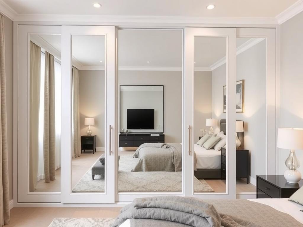 Built-in wardrobe with mirrored sliding doors in a bedroom