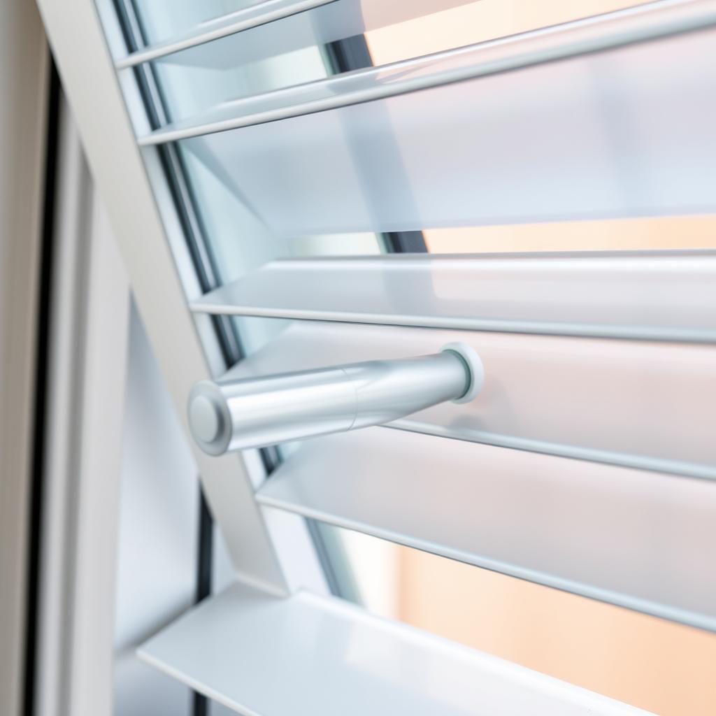 Close-up of louvre window mechanism showing how the glass slats rotate