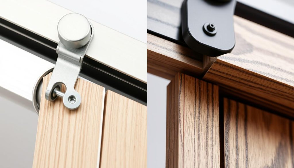 Close-up of roller systems and tracks for aluminium and wooden sliding doors showing wear patterns