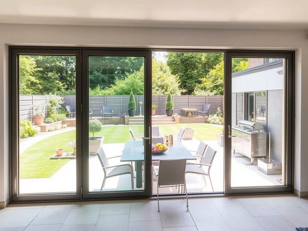 External aluminium sliding doors opening to a garden patio