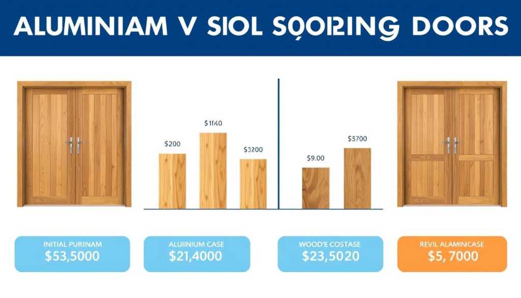 Graph comparing lifetime costs of aluminium versus wooden sliding doors including purchase, maintenance and replacement