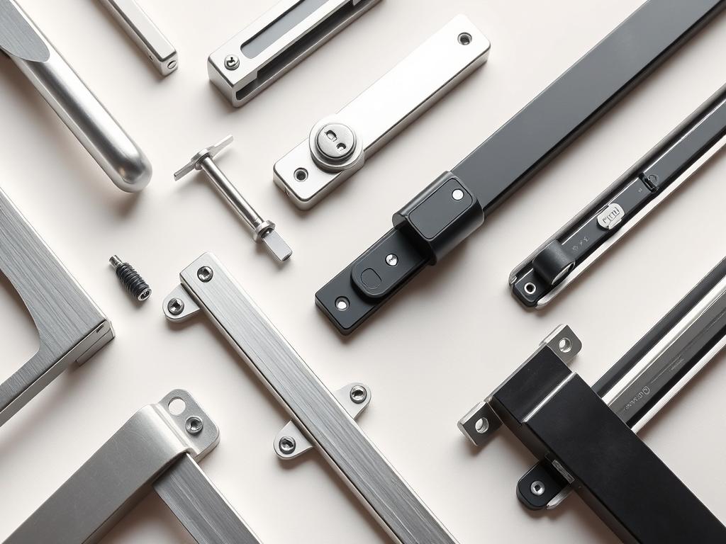 Hardware components for Aluminium Sliding Doors Sydney including handles, locks and rollers