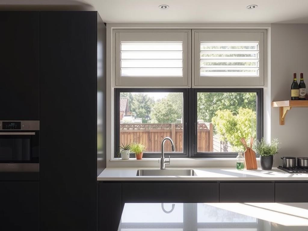 Louvre windows in a modern kitchen allowing ventilation