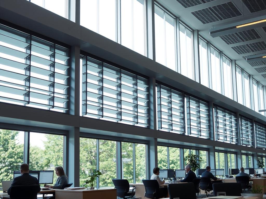 Louvre windows in an office building providing natural ventilation