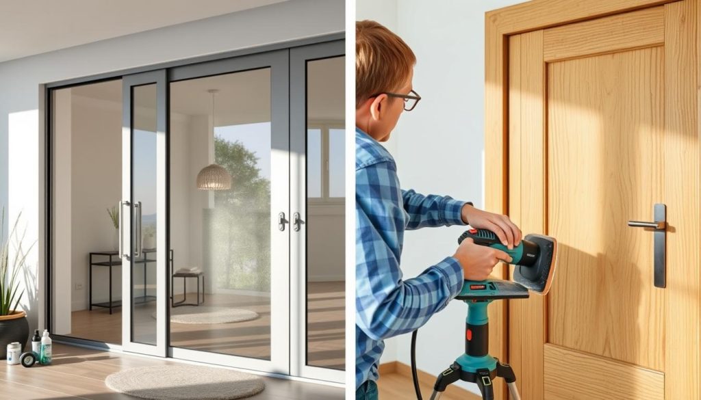 Maintenance comparison between aluminium and wooden sliding doors showing cleaning and refinishing processes