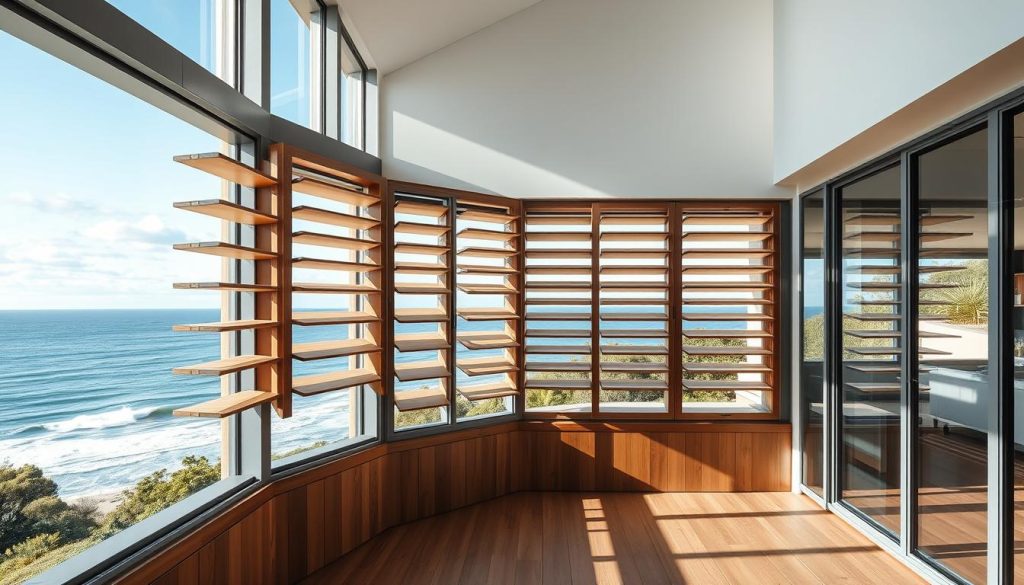 Modern Australian home featuring louvre windows with ocean view