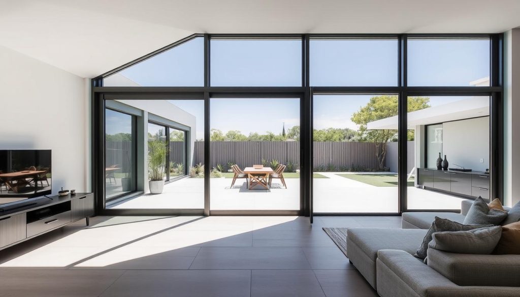 Modern aluminium sliding doors connecting indoor and outdoor living spaces