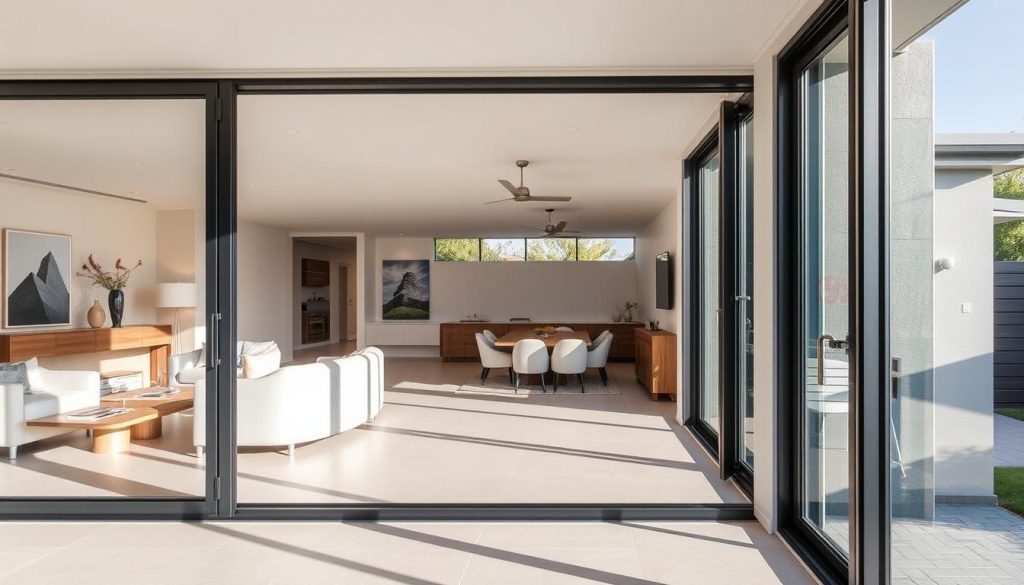 Modern aluminium sliding doors connecting indoor and outdoor living spaces