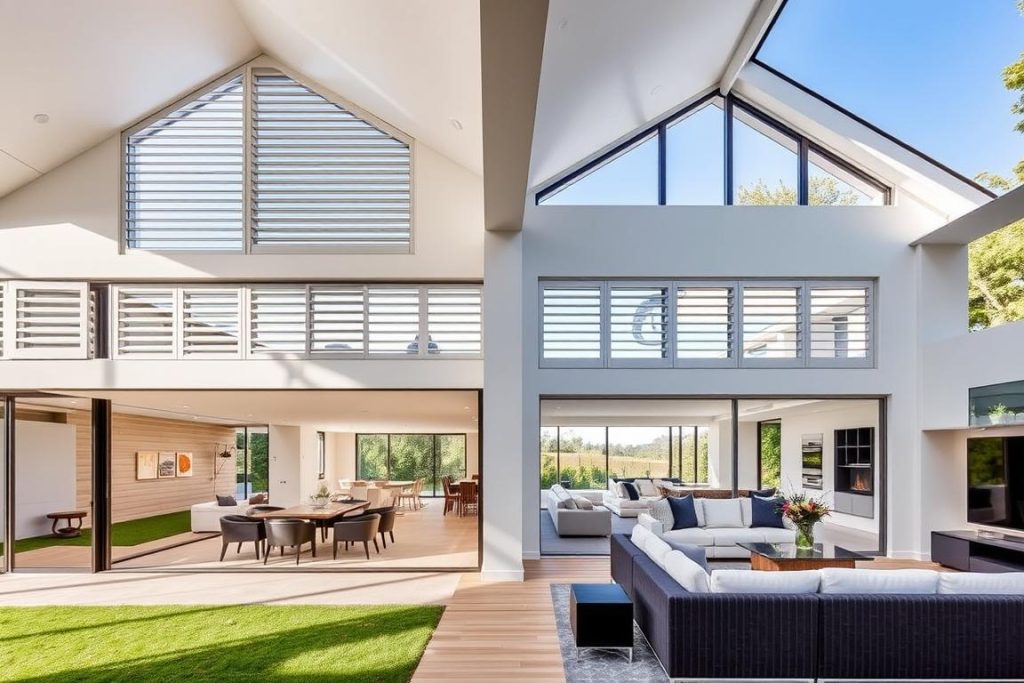 Modern home featuring louvre windows in various rooms