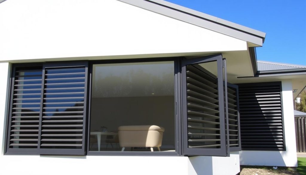 Modern louvre windows installed in a contemporary home allowing natural ventilation