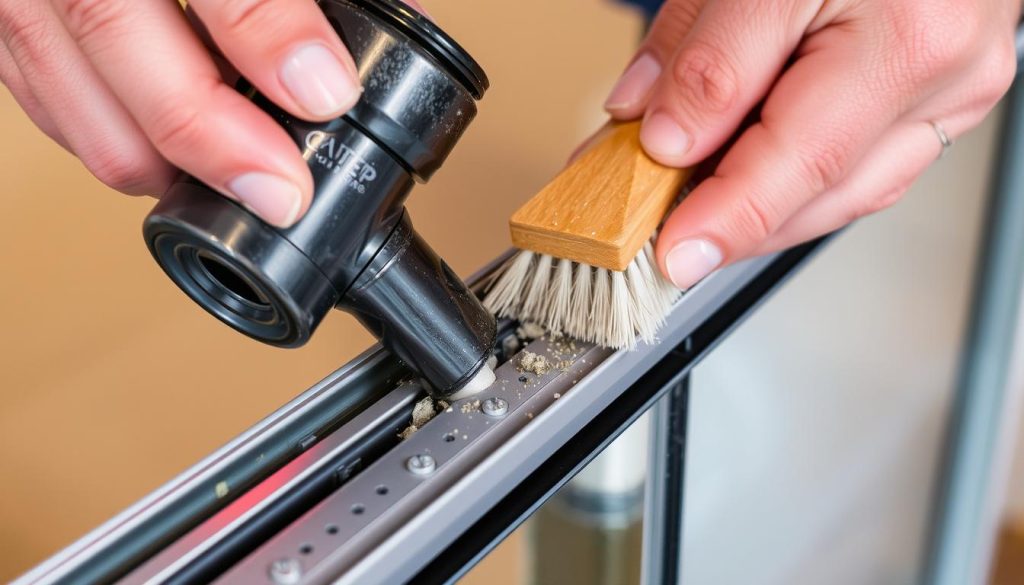 Person performing maintenance on sliding door track