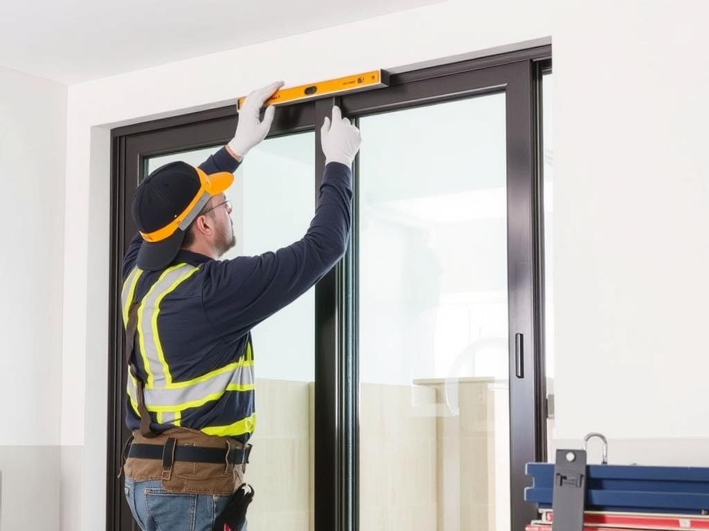 Professional installation of aluminium sliding doors showing proper leveling and securing techniques