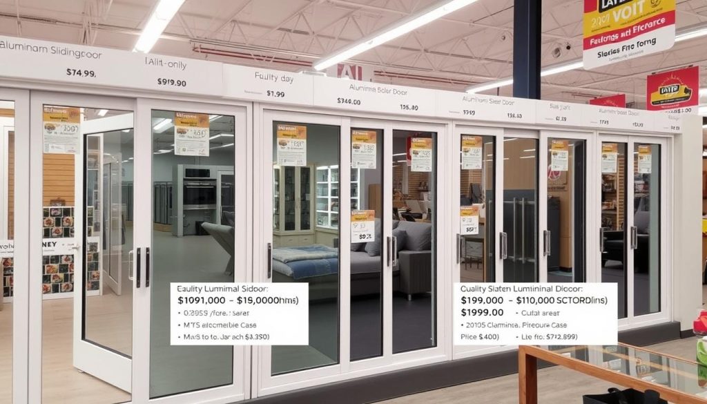 Range of aluminium sliding doors at different price points showing quality and feature differences