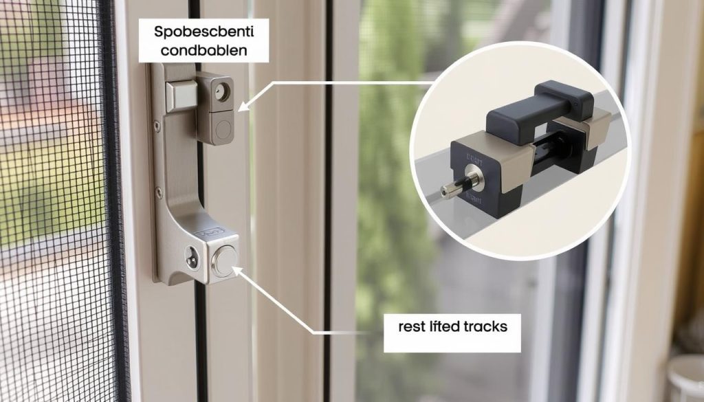 Security features for sliding doors including multi-point locks and security screens
