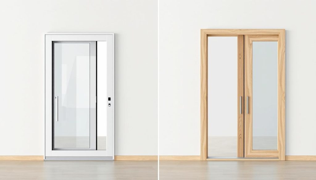 Side-by-side comparison of aluminium sliding door frame and wooden sliding door frame materials showing structural differences