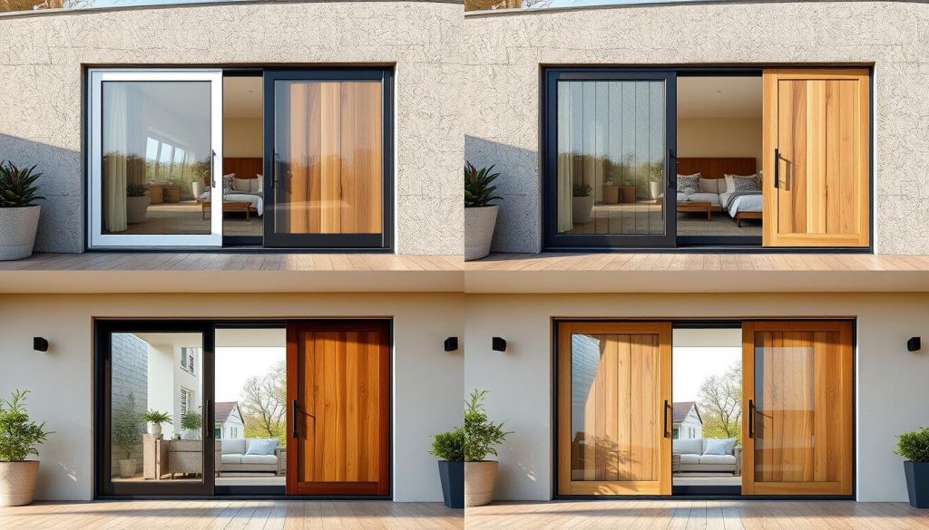 Side-by-side comparison of new and 10-year-old aluminium and wooden sliding doors showing appearance changes