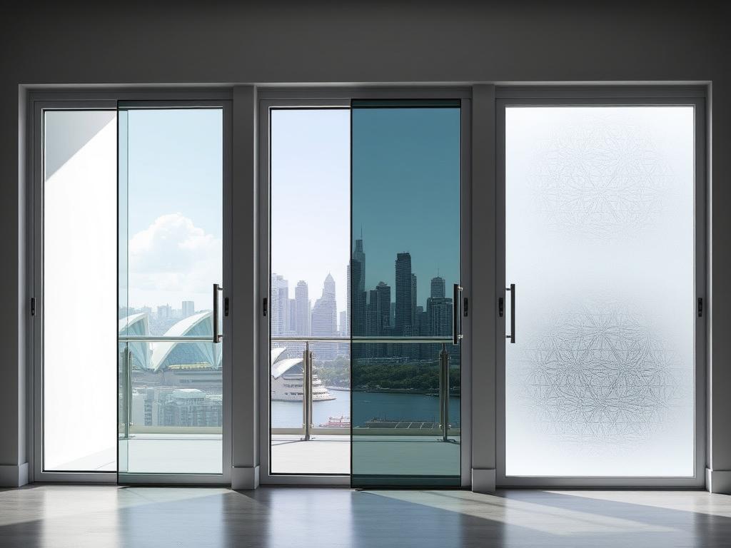 Various glass panel options for Aluminium Sliding Doors Sydney showing clear, tinted and frosted options
