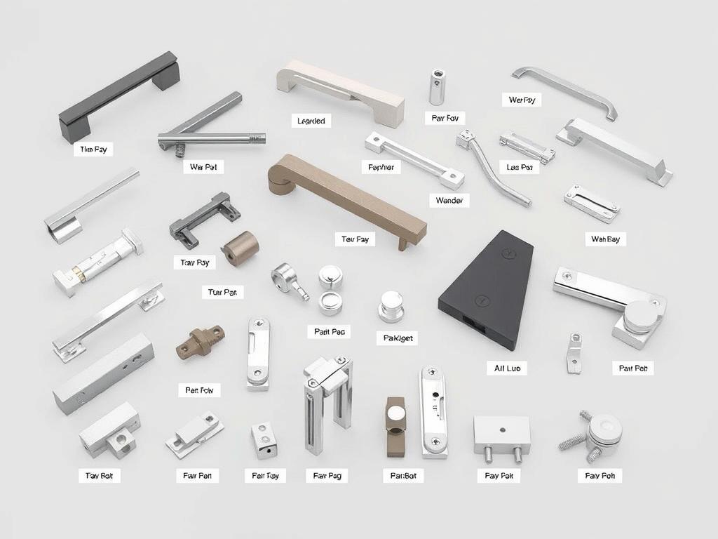 Various sliding door hardware options including handles, locks and rollers
