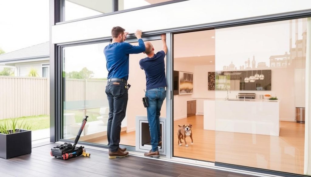 A complete aluminium sliding door system with built-in dog door being installed in an Australian home