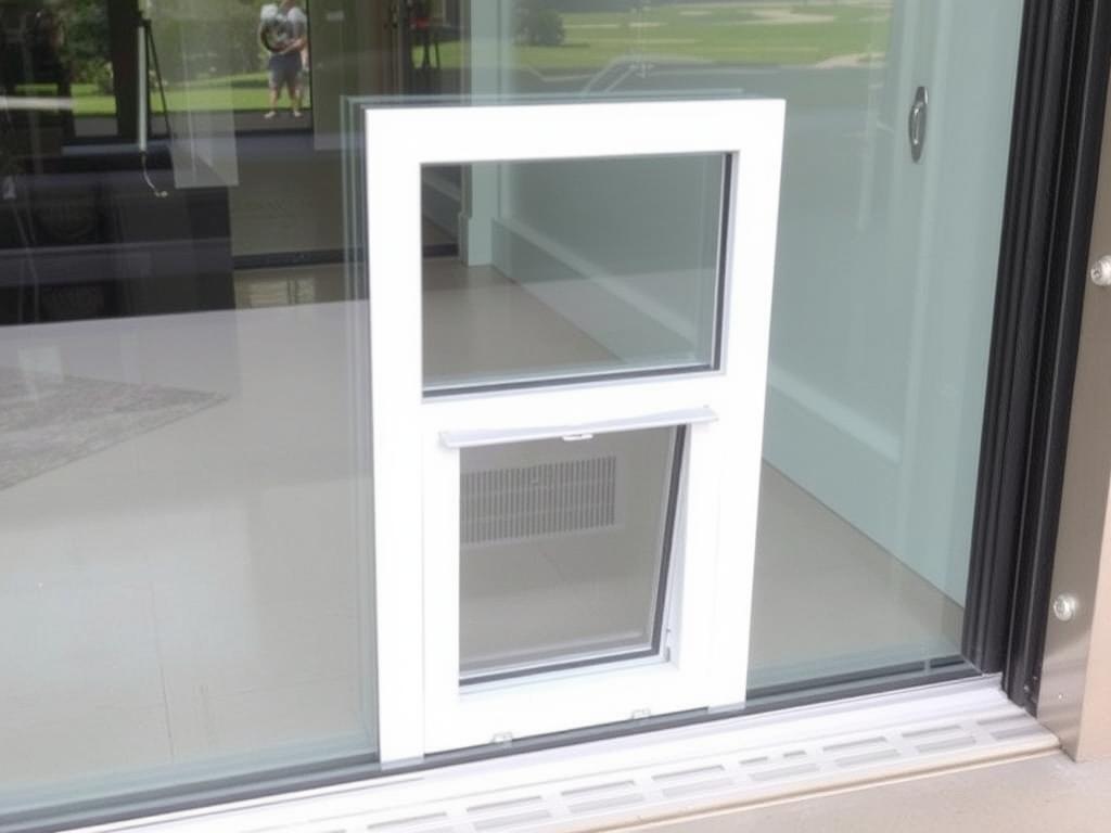A modern sliding glass door with in-glass dog door seamlessly integrated into the panel