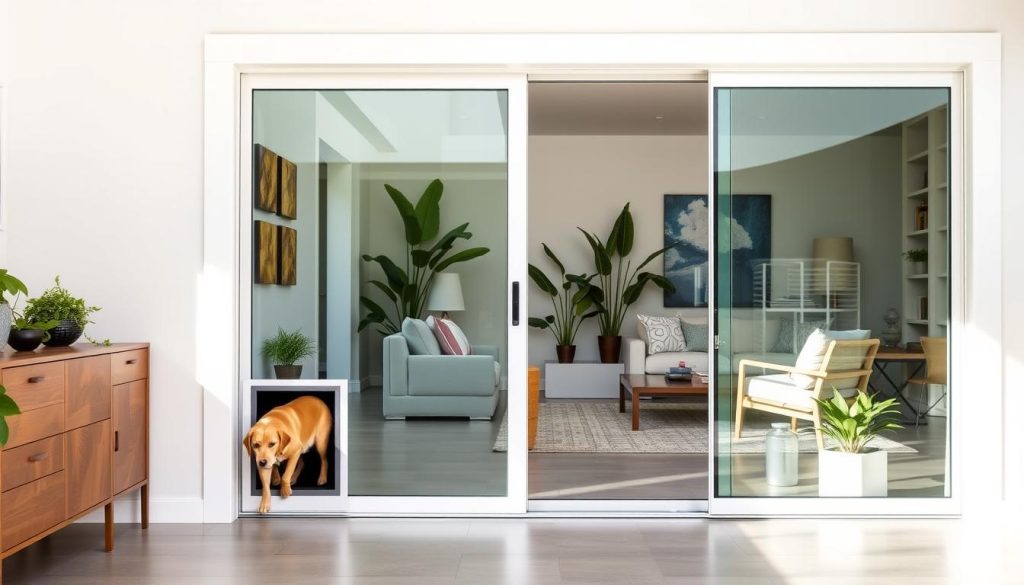 A modern sliding glass door with integrated dog door allowing a golden retriever to enter a stylish Australian living room