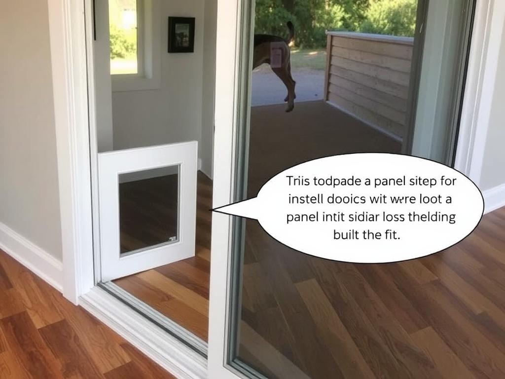 A sliding glass door with panel insert dog door showing installation process