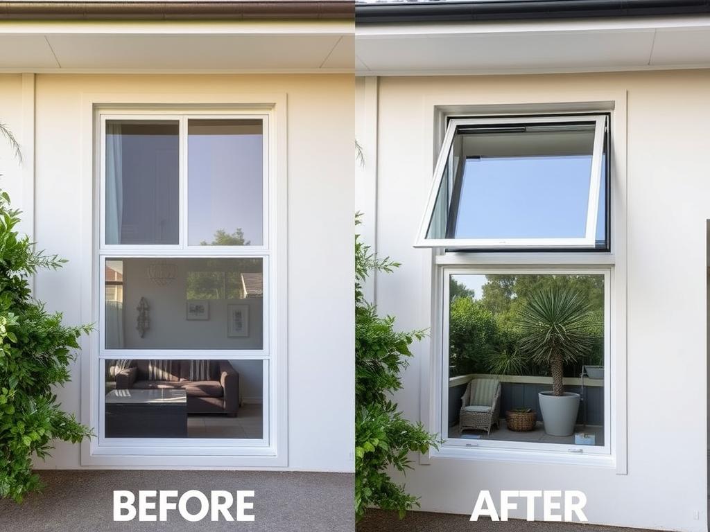 Before and after comparison of window replacement with louvre windows