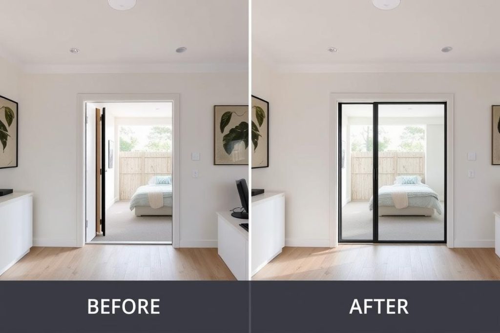 Before and after comparison showing a room transformation with the installation of cavity sliding doors