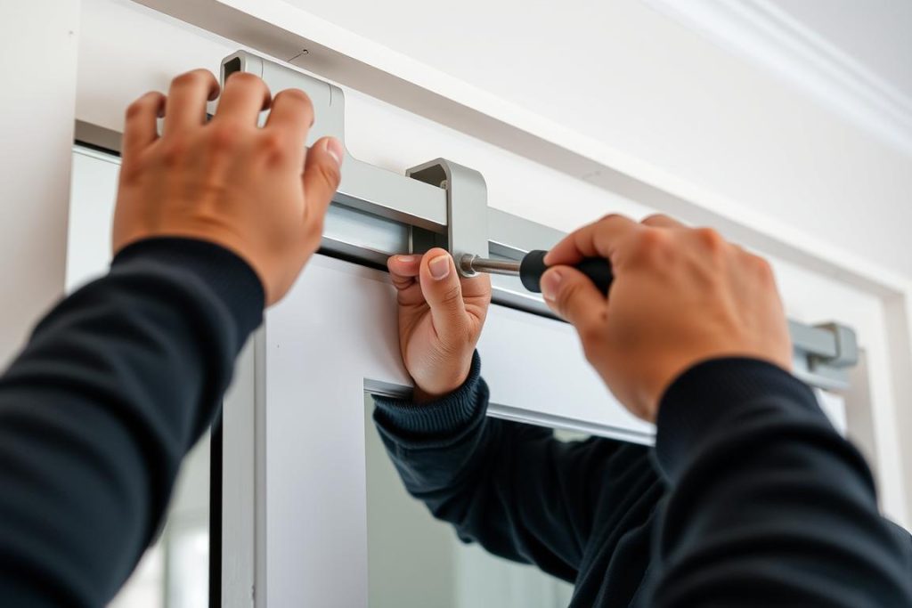 Close-up of a professional installer adjusting the track system on a cavity sliding door to ensure smooth operation