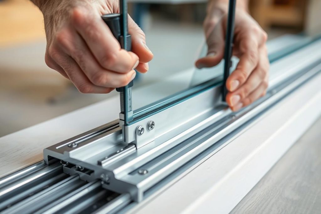 Close-up of a professional installer adjusting the track system on a glass sliding door