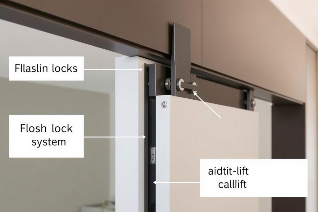 Close-up of modern security features on a cavity sliding door including a flush lock system and reinforced track