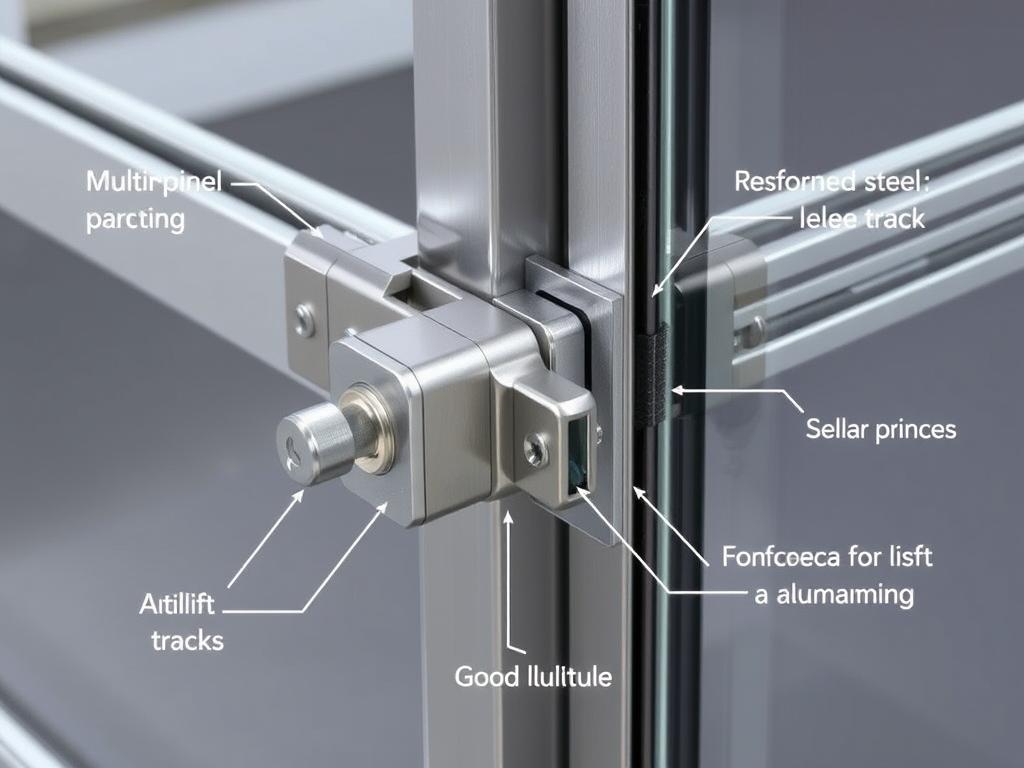Close-up of modern security features on a glass sliding door including multi-point locking system and reinforced tracks