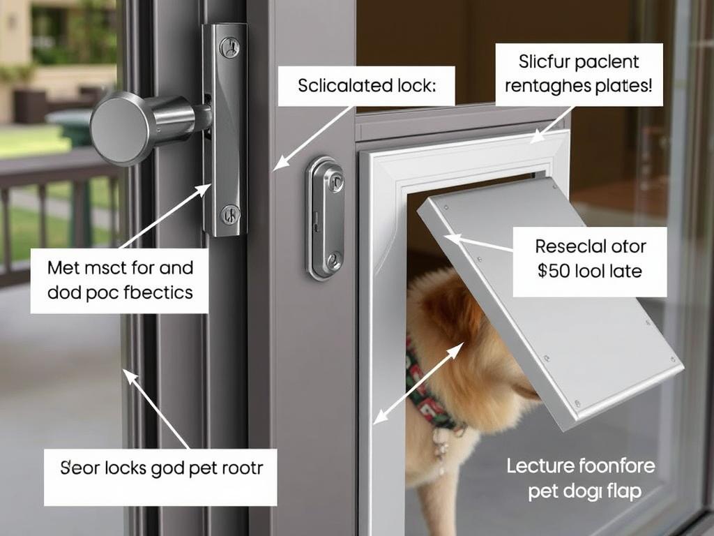Close-up of security features on a sliding door with dog door including locks and steel reinforcement