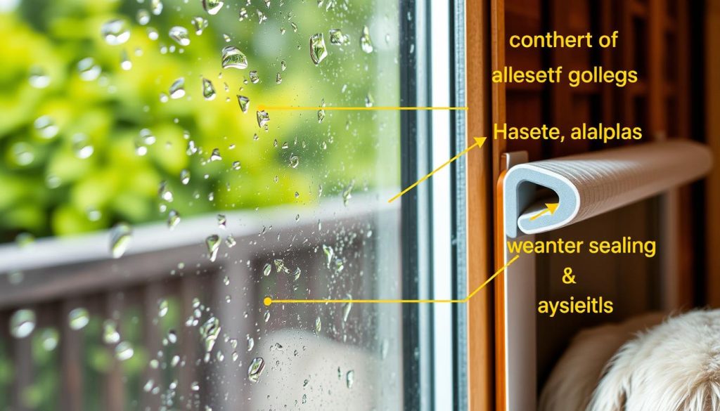 Close-up of weather sealing features on a sliding door with dog door during rainy weather