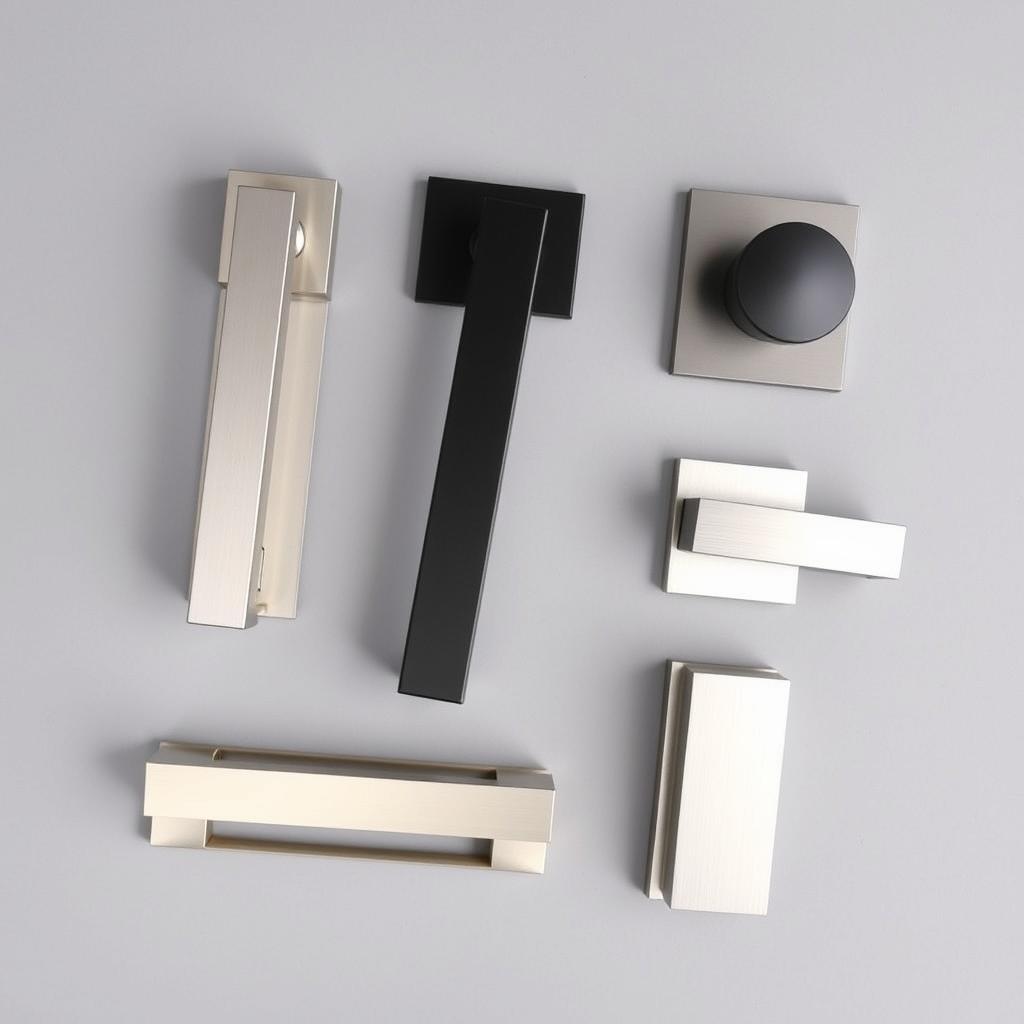 Collection of modern door handles for sliding doors showing various finishes and designs suitable for cavity doors