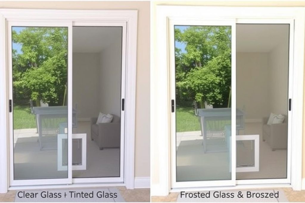 Comparison of different glass options for sliding doors with dog doors showing clear, tinted, and frosted options