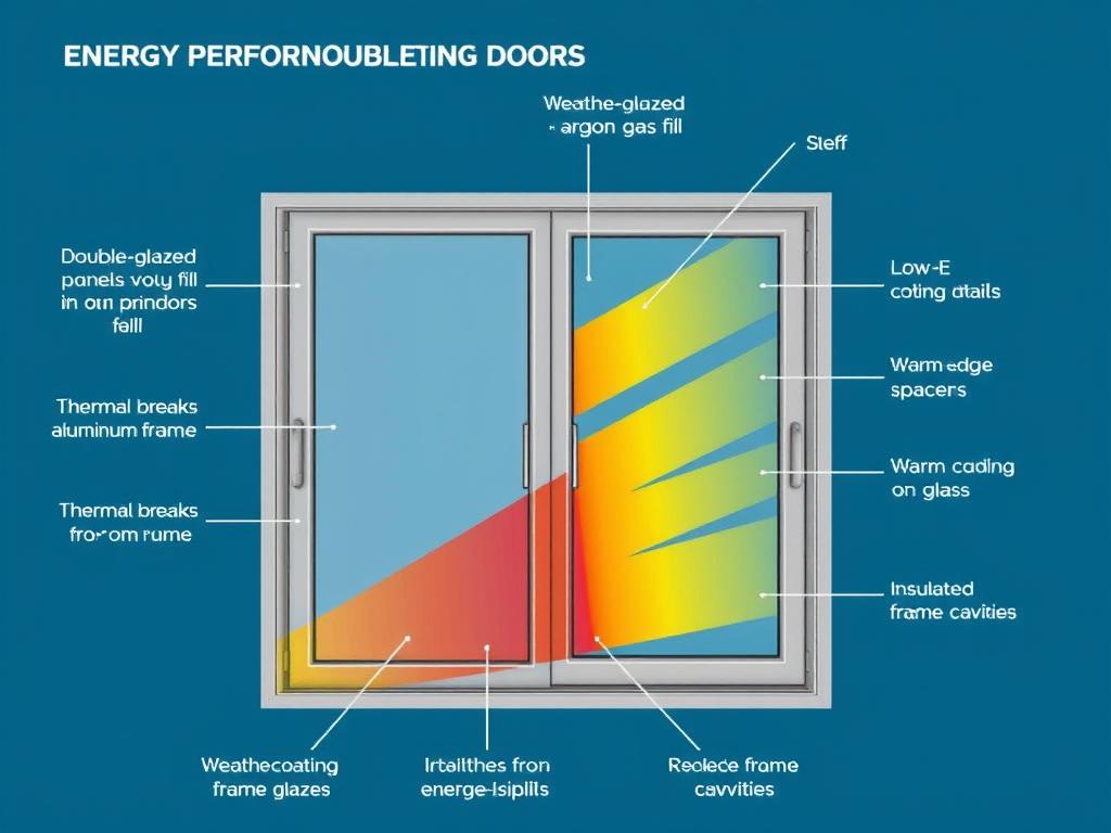 Diagram showing energy efficiency features of modern double-glazed sliding glass doors