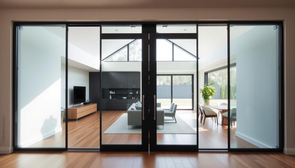 Double cavity sliding door system with glass panels separating a living room from a dining area in a modern Australian home