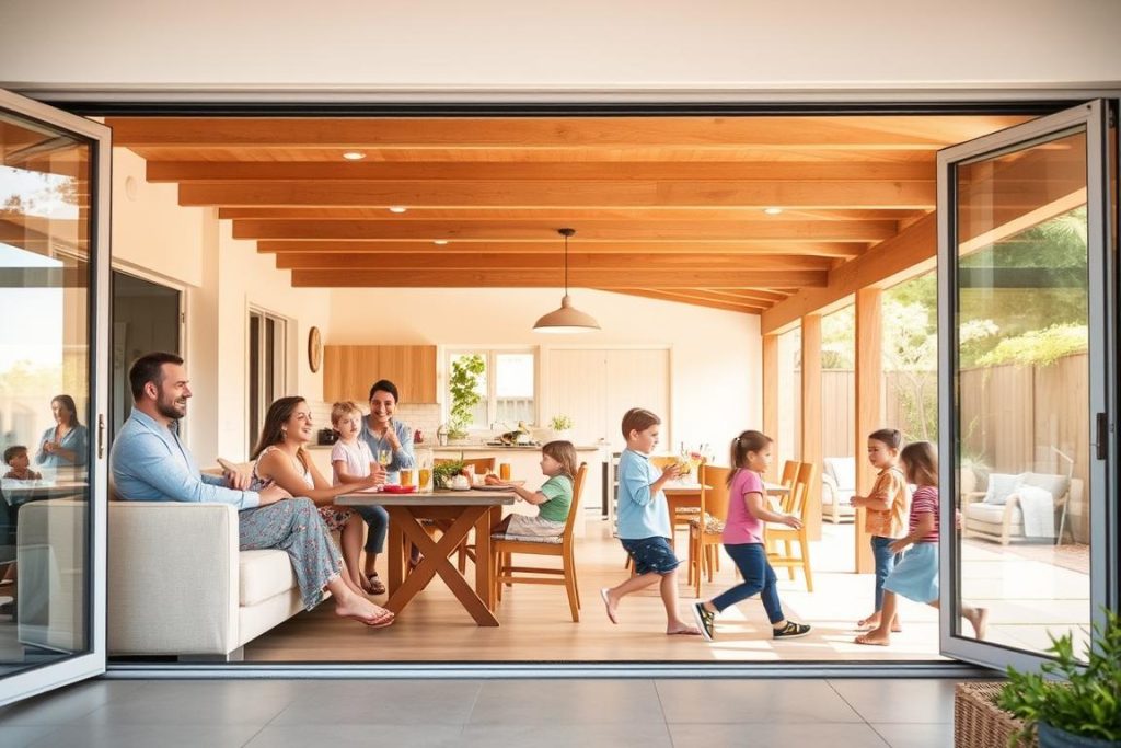Family enjoying an indoor-outdoor lifestyle enabled by glass sliding doors in an Australian home