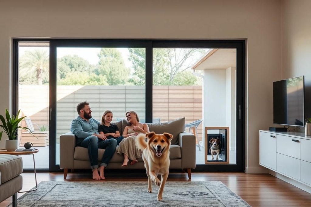 Family enjoying time with their dog in a living room with sliding doors featuring an integrated dog door