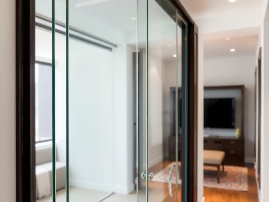 Frameless glass cavity sliding door with minimal hardware creating a transparent division between rooms