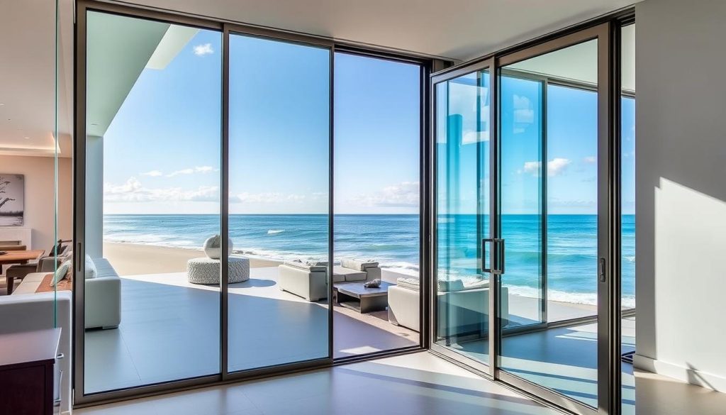 Frameless glass sliding door system with minimal visible hardware in a luxury Australian beachfront home