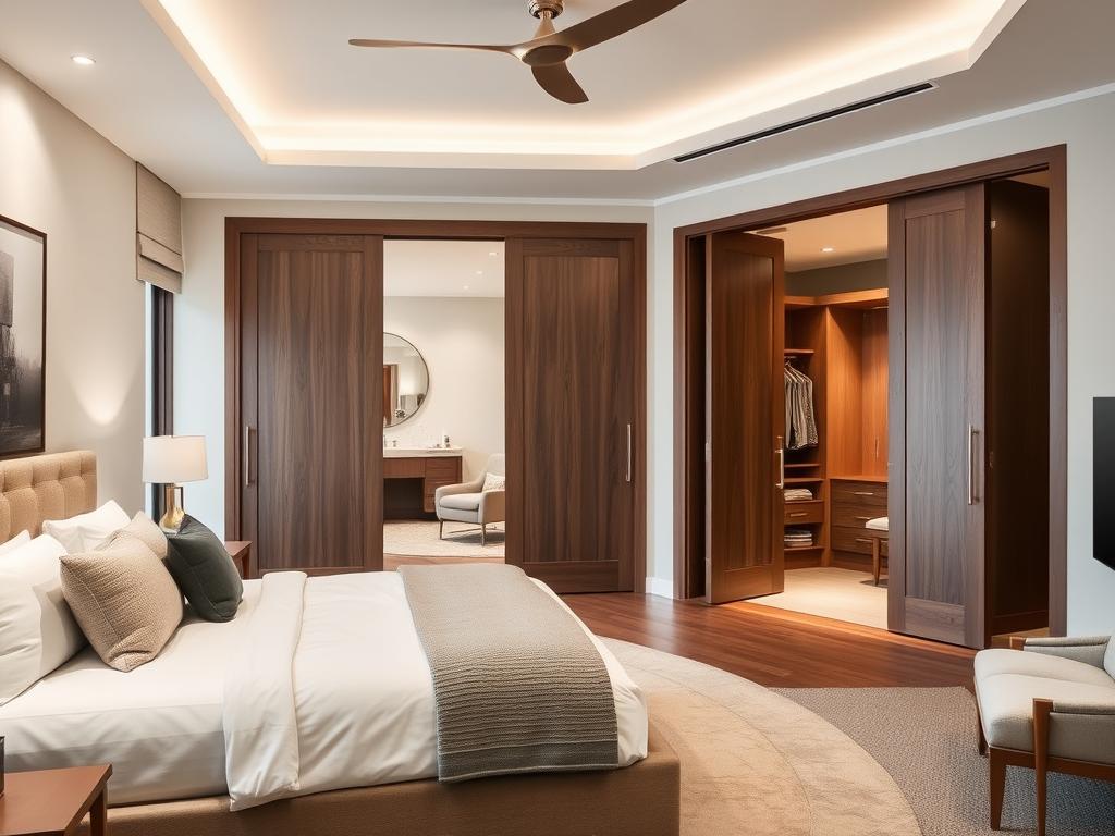 Interior design showing coordinated cavity sliding doors and bifold closet doors in a master bedroom suite