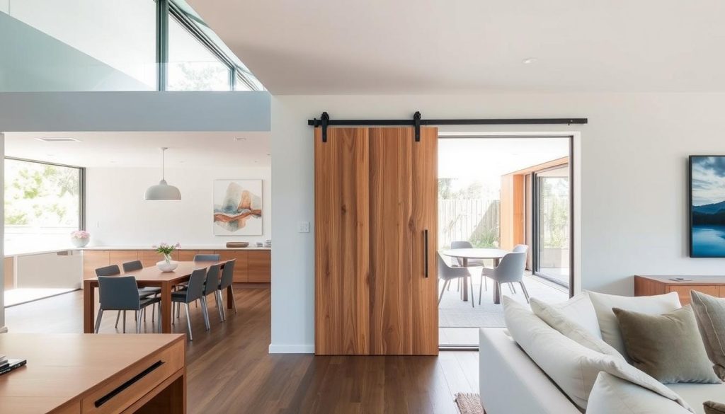 Modern Australian home interior featuring a cavity sliding door that disappears into the wall, creating an open-concept living space