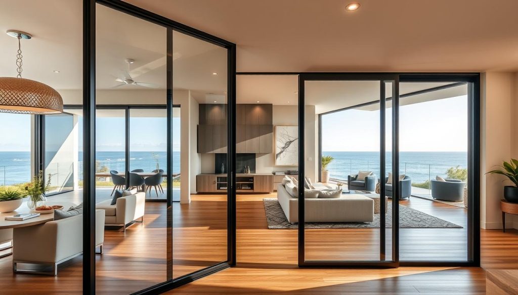 Modern Australian home interior featuring stylish glass sliding doors that complement the contemporary decor