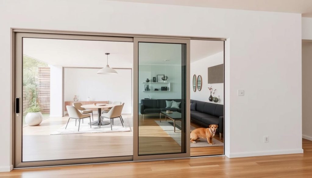 Modern Australian home interior featuring stylish sliding doors with integrated dog door that matches the decor