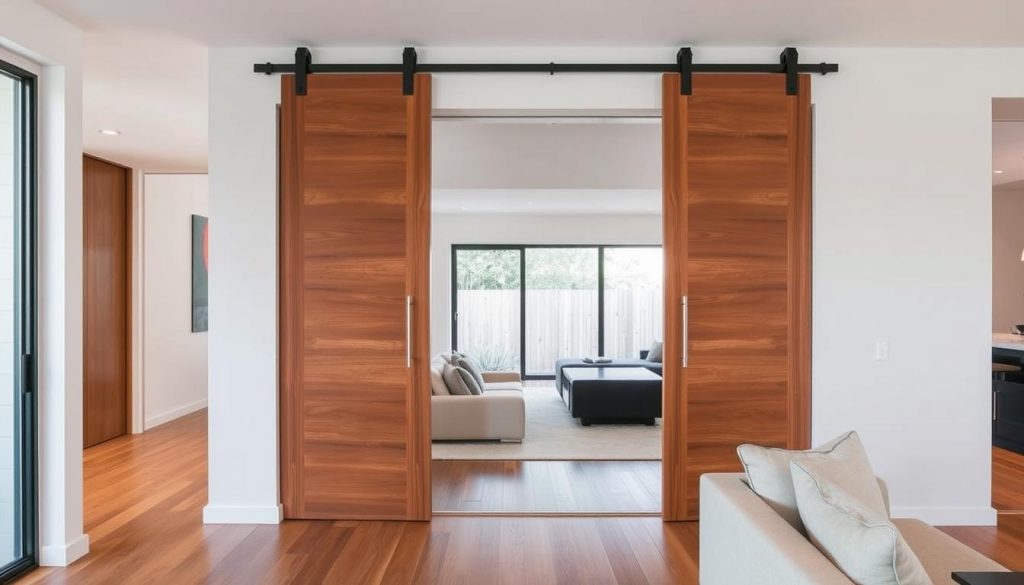 Modern Australian home interior featuring stylish timber cavity sliding doors that complement the contemporary decor