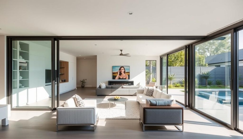 Modern Australian home with expansive glass sliding doors connecting living room to outdoor patio area